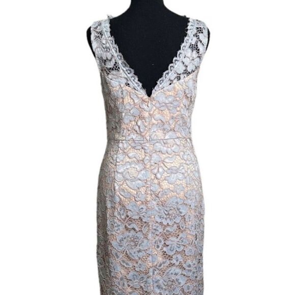 Eliza J Lace Asymmetrical Scalloped Hem Icy Blue Illusion Neckline Sheath Dress - Picture 7 of 15